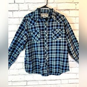 Wrangler Wrancher Vintage Blue Plaid Flannel Shirt w/ Pearl Snap Buttons size XL